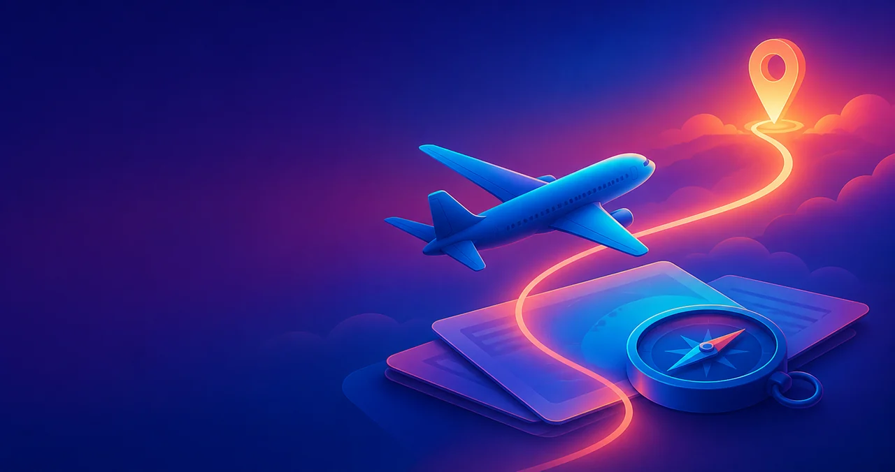 An aircraft route planned above travel documents and a compass