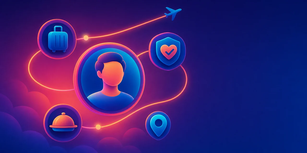 A traveller at the centre of a coordinated journey with care and destination symbols