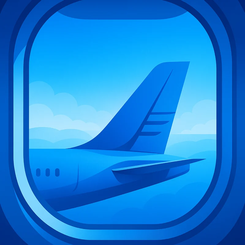 A blue aircraft tail seen through a rounded cabin window