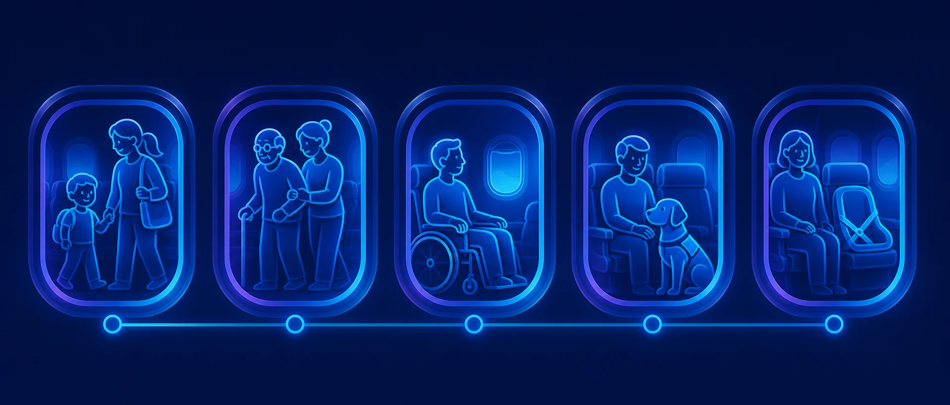 Five connected cabin-window scenes showing inclusive traveller support